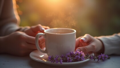 Warm cup of coffee held by hands with lavender flowers at sunrise, creating a cozy and tranquil morning atmosphere in soft natural light
