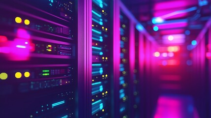 Data center servers with glowing lights. Data technology servers in the center. A rack of hardware for networking a lifestyle computer. Servers in a data center with lifestyle illuminated lights.