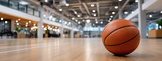 Basketball resting on the gym floor with a modern sports facility in the background during daytime practice sessions