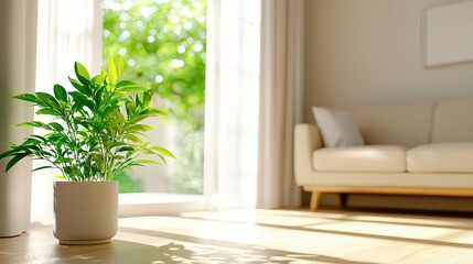 Fototapeta premium Bright Living Room with Potted Plant Near Sunlit Floor and Sofa
