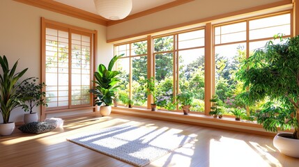 Fototapeta premium Bright and Serene Living Space with Plants and Large Windows