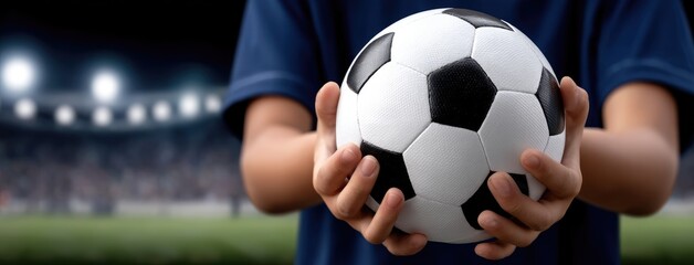 Young player holds a soccer ball in the stadium before a match during the evening with bright lights illuminating the field