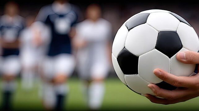 Player about to kick a soccer ball during an exciting match at a stadium with blurred teammates in the background
