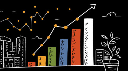 Economic Growth and Urban Progress: A vibrant illustration depicts a thriving economy, with rising graphs and bar charts symbolizing growth, alongside sketched cityscapes and a growing plant.