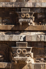 Teotihuacan, Mexico - 1 December 2022: Decorations and stone carvings of pyramids of Teotihuacan 