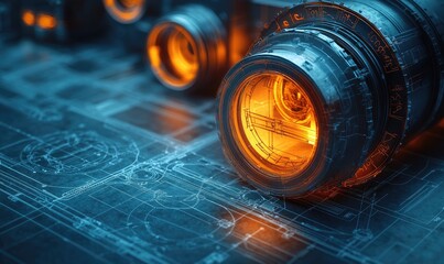 Futuristic camera lenses on blueprint paper.  Intricate design with glowing interior