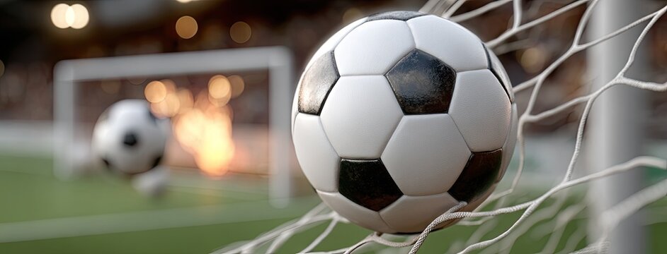 Soccer ball hitting the net at a stadium during an exciting match while fans cheer in the background, capturing the thrill of the game