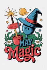 Whimsical May Magic Illustration with Cartoon Wizard Hat and Ret