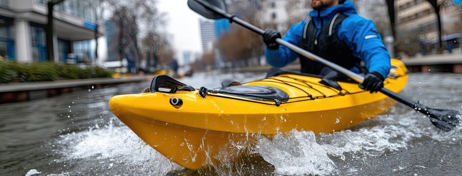 Kayaker paddling through urban waterway on a sunny day, surrounded by city buildings and trees