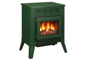 Isolated fireplace, green stove with burning fire, vintage-style heater for winter warmth