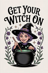 Whimsical Witch Brewing Potion with Floral Accents