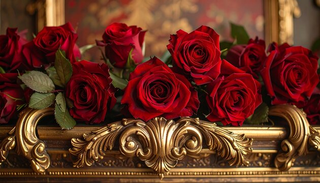Elegant red roses in ornate gold frame