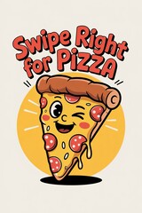 Winking Pizza Slice Cartoon with "Swipe Right for Pizza" Text Ab