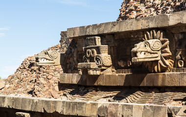 Teotihuacan, Mexico - 1 December 2022: Decorations and stone carvings of pyramids of Teotihuacan 