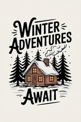 Winter Adventures Await Cozy Cabin Illustration