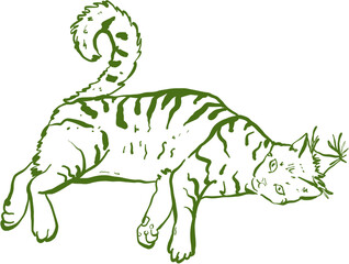 Hand drawn ink vector illustration. Christmas winter time themed. Cat and party hat