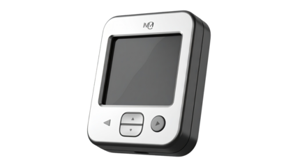 Small, silver, rectangular device with a screen