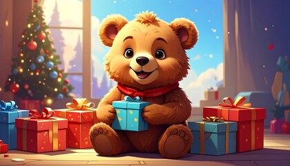 A cheerful teddy bear sits amongst colorful Christmas gifts, bathed in warm holiday light.