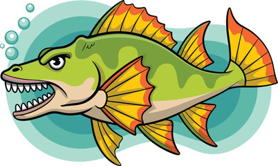 Angry cartoon fish illustration — vibrant underwater character with sharp teeth, spiky fins, and bold colors in playful aquatic design