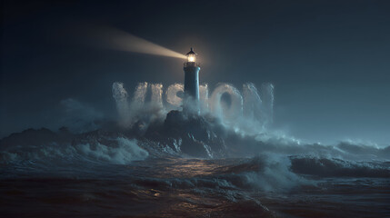 Bright lighthouse on rocky coast with glowing word “VISION” in sky, symbolizing clarity, guidance, inspiration, and business direction in stormy times.