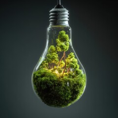 Luminous Microcosm - A Verdant Forest Ecosystem Glowing Inside a Hanging Lightbulb.
