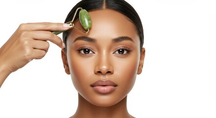 Woman using jade facial roller on her forehead. Skincare, beauty treatment, and anti-aging concept for healthy skin glow at spa or home.