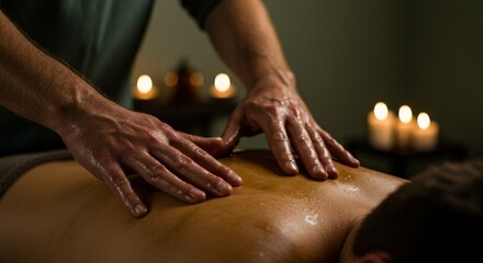 Caucasian male masseur hands massaging man back with oil. Relaxing spa treatment or physiotherapy promoting wellness and stress relief.