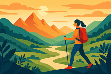 Hiker in mountains papercut illustration vibrant outdoor adventure design