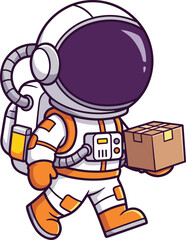 Cartoon astronaut with package — whimsical space character in white suit holding cardboard box, blending sci-fi with everyday delivery