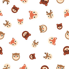 Obraz premium Autumn forest animals cartoon seamless pattern cute flat circle faces bear fox deer owl, colorful happy fall drawing wallpaper, playful kawaii background baby decor. Vector illustration thanksgiving