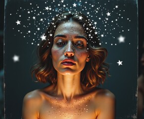 Ethereal Portrait of a Woman Surrounded by Glimmering Stars and Sparkles, Capturing the Essence of Magic and Enchantment in a Dreamlike Setting