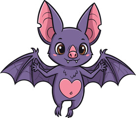 Cartoon bat with heart — friendly purple character with big eyes, pink ears, fangs, and open wings in playful pose