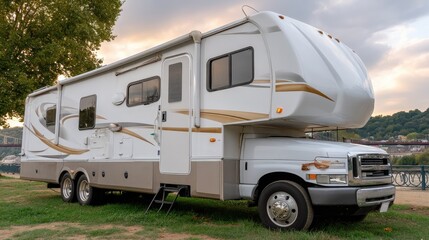 Family road trip preparation with a spacious RV parked beside a scenic riverside under a cloudy evening sky