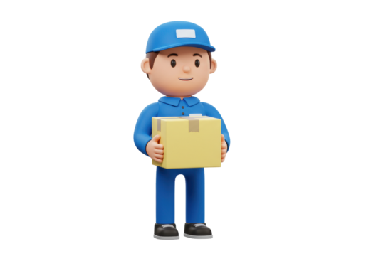 Isolated Delivery man holding package, carrying cardboard box in uniform, service industry