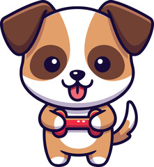 Cartoon dog playing video game — cheerful brown and white puppy holding red controller with tongue out in playful gaming pose
