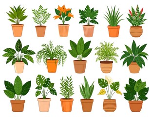 Obraz premium Collection of various potted houseplants in terracotta pots, displayed in a bright and vibrant style.