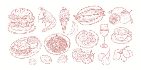 Hand drawn chalk food illustrations. Italian  breakfast doodles. Mediterranean dinner. Vector of wine, charcuterie, spaghetti illustrations for invitations, menus, parties. dolce vita italian style