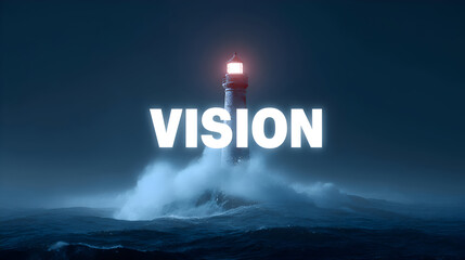Lighthouse shining in stormy sea with word “VISION” in waves, symbolizing guidance, clarity, leadership, and business direction in challenges.