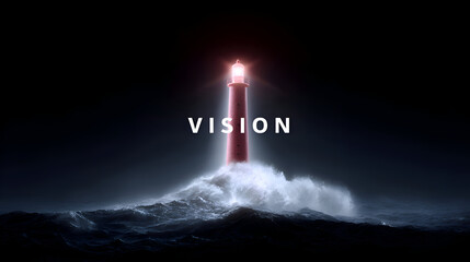 Lighthouse shining in stormy sea with word “VISION” in waves, symbolizing guidance, clarity, leadership, and business direction in challenges.