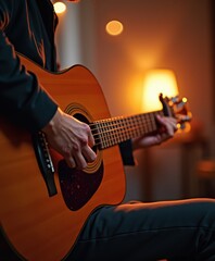Close-Up of a Musician Playing Acoustic Guitar in a Warm, Cozy Setting with Soft Lighting and Blurred Background Effects