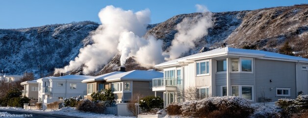 Steam rises from geothermal hot springs behind cozy houses in a snowy village on a clear winter day, showcasing nature's warmth against the cold