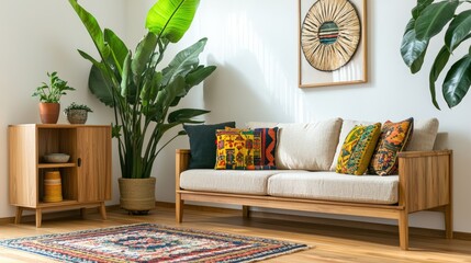 Cozy Modern Living Room with Green Plants and Colorful Textiles
