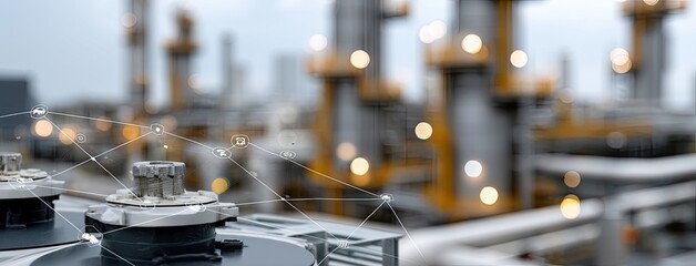 Industrial plant with advanced technology connecting pipes and equipment in the background during overcast weather