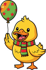 Cartoon duck with festive balloon — smiling yellow character in red-green scarf celebrating with star-decorated balloon in cheerful pose