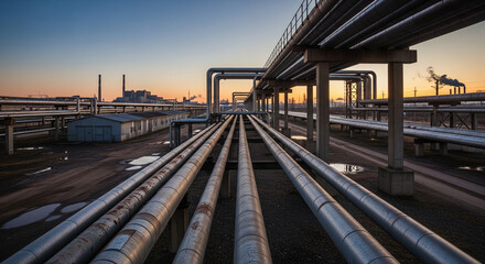 Naklejka premium A complex network of pipelines leading to a distant industrial plant.This wide-angle photograph presents a compelling view of an industrial landscape, dominated by long, parallel pipelines stretchin