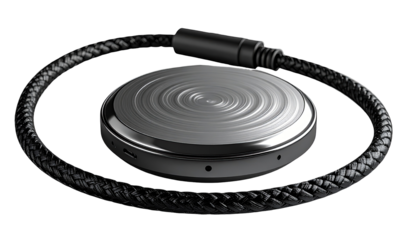 Sleek, round, metallic device with braided cord