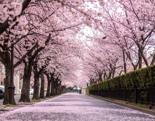 Serene Cherry Blossom Tunnel: Pink Petals Carpet a Japanese Street