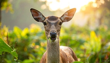 Close-up of a deer eating in a lush, bright forest