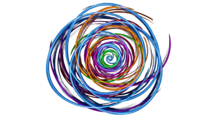 Dynamic, abstract light trails swirling in electric blue, pink, orange, green, purple spirals against a deep black void, embodying futuristic digital art concept