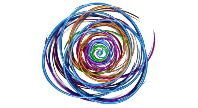 Dynamic, abstract light trails swirling in electric blue, pink, orange, green, purple spirals against a deep black void, embodying futuristic digital art concept